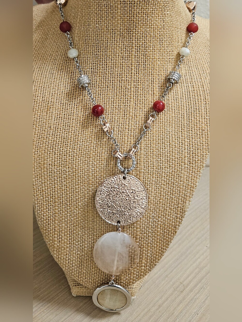 CHICO'S MEDALLION SILVER-TONE ROSE GOLD GLASS BEADS  BOHEMIAN LONG NECKLACE - Picture 3 of 16